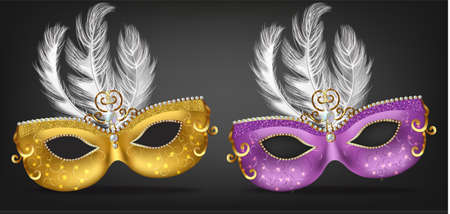 Golden and purple mask with feathers Vector realistic.のイラスト素材