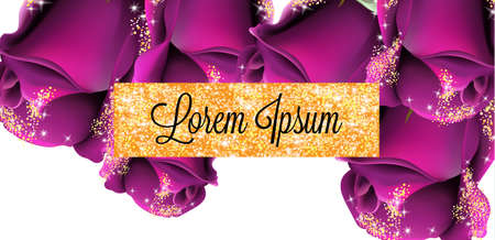 Pruple roses golden glitter card Vector. Shiny glamour invitation. Wedding celebration. Floral decor backgroundのイラスト素材