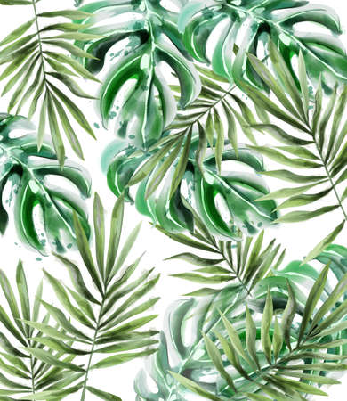 Palm leaves pattern Vector watercolor. Tropic exotic texture. Wild green decorのイラスト素材