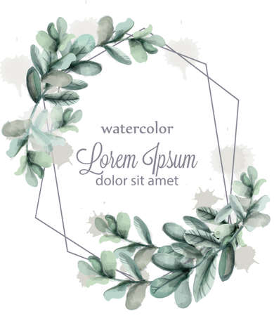 Leaves abstract wreath frame Vector watercolor. Wild green card decorationのイラスト素材
