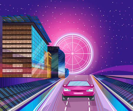 Red car night banner Vector. City road traffic jam. Flat styleのイラスト素材