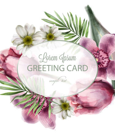 Orchid and daisy flowers round card Vector watercolor. Spring summer beautiful greeting or wedding invitationのイラスト素材