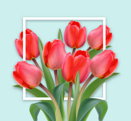 Happy Mother Day card tulip flowers bouquet Vector realistic. Bright blue color backgroundのイラスト素材