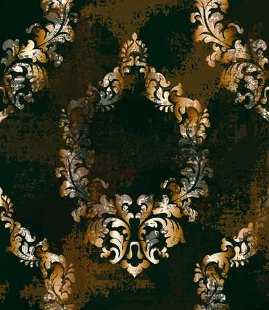 Rococo texture grunge pattern Vector. Floral ornament decoration old effect. Victorian engraved retro design. Vintage fabric decors. Dark rust colorのイラスト素材