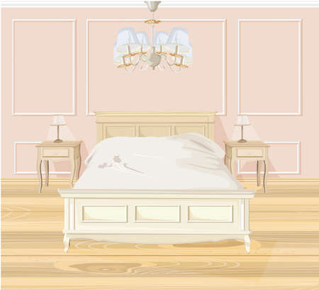 Classic bedroom Vector watercolor. White bed furniture. Interior design decorationのイラスト素材