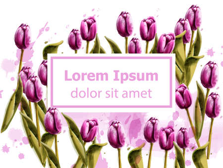 Pink tulips spring card Vector watercolor. Beautiful banner poster or invitationのイラスト素材