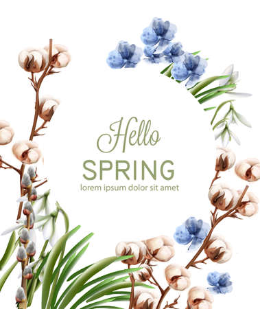 Cotton flowers card Vector watercolor. Spring season delicate frame. Template design card for wedding, birthday, mother dayのイラスト素材