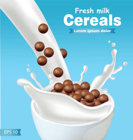 Chocolate cereals in milk splash Vector realistic. Blue background 3d detailed effect illustrationsのイラスト素材