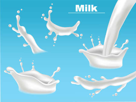 Milk splash set collection Vector realistic. Fresh pouring liquid organic eco product templates. 3d illustrationsのイラスト素材
