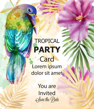 Tropic card watercolor Vector with colorful parrot bird and exotic flowersのイラスト素材