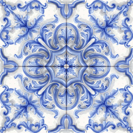 Tile or mosaic ornament Vector watercolor. Medalion rosette style decor templateのイラスト素材