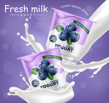 Blueberry yogurt Vector realistic. Product placement mock up. Fresh yogurt splash with fruits. Label design. 3d detailed illustrationのイラスト素材