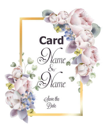 Peony flowers wedding card watercolor Vector. Romantic floral invitation or greeting card decoration. Women day, Valentines Day, sales and other eventのイラスト素材