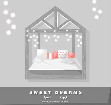 Sweet dreams cozy bedroom Vector flat style. Modern trendy decorationのイラスト素材