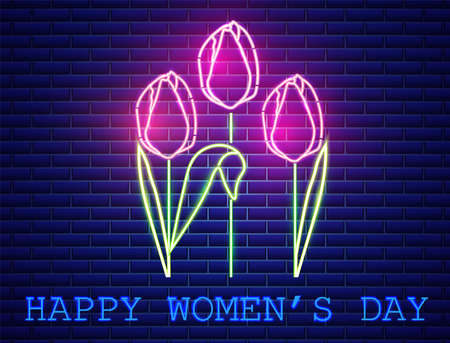Happy Mother day tulip bouquet neon light Vector. Vintage board. Glowing bouquet. Shiny Neon Light Poster, Flyer, Banner, Postcard, Invitation. Vector 3d Illustrationのイラスト素材