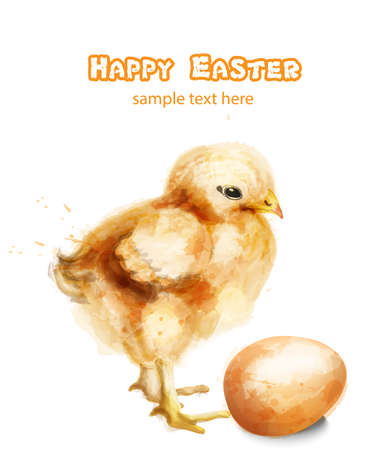 Easter chick Vector watercolor card. Happy Easter greetings with chicken and eggのイラスト素材