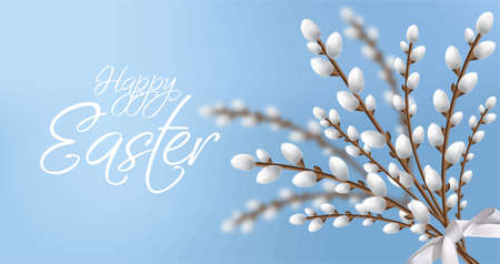 Willow branches bouquet Easter card. Happy holiday decor. Bright Blue backgroundのイラスト素材