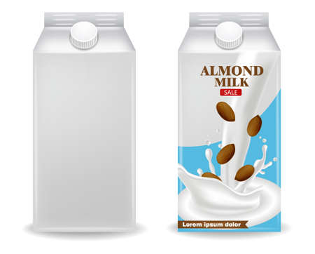 Almond milk Vector realistic product box. Label template design. Natural vegan drinksのイラスト素材