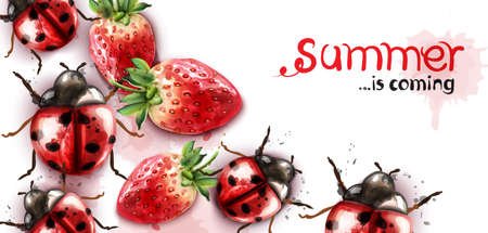 Summer season with strawberry and ladybugs Vector watercolor cardsのイラスト素材
