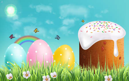 Easter Traditional sweet bread Vector realistic. Easter Eggs and rainbow background. Holiday cards