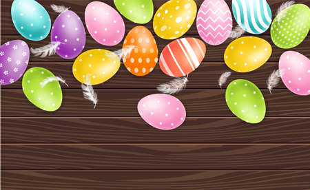 Colorful Easter eggs on wood background Vector realistic. Spring holiday banner. 3d detailed poster templateのイラスト素材