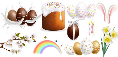 Easter Traditional sweet bread and colorful eggs Vector realistic set collection templatesのイラスト素材