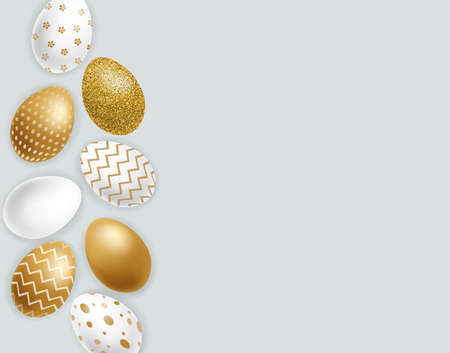 Easter painted golden eggs Vector realistic collection. Abstract ornamented cute design. 3d detailed setのイラスト素材