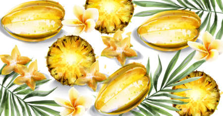 Carambola star fruit and pineapple slices  watercolor.