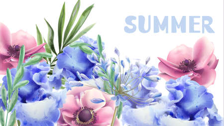 Summer flowers frame card  watercolor.のイラスト素材