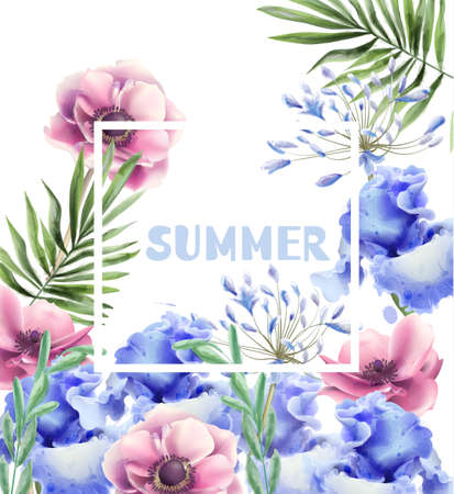 Spring flowers frame card Vector watercolor. Wedding invitation. Summer fest background. Vintage romantic decorのイラスト素材