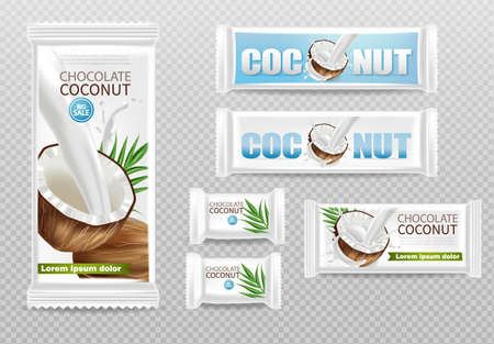 Coconut chocolates isolated Vector realistic mock up. Product packaging label design. 3d detailed illustrationのイラスト素材