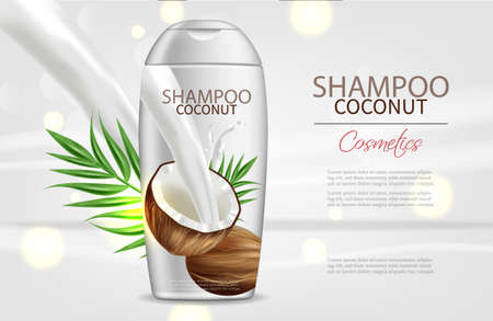 Coconut shampoo Vector realistic. Product packaging mock up. Tropic background coconut milk splash. 3d detailed illustrationのイラスト素材