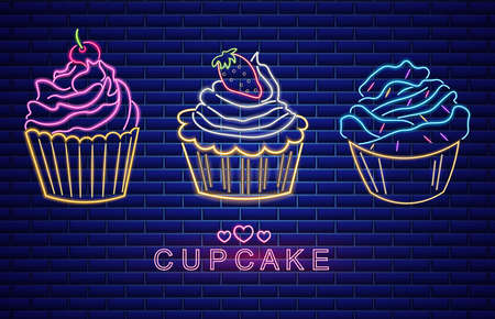 Sweet cupcakes set neon symbols