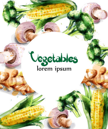 Vegetables watercolor Vector frame. Mushrooms, corn and brocoli green eco productsのイラスト素材