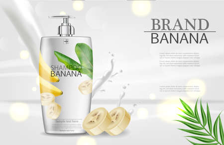 Banana shampoo Vector realistic mock up. White bottle cosmetics. Product placement label design. Detailed 3d illustrationsのイラスト素材