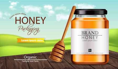 Honey Vector realistic mock up. Product placement label design. Detailed 3d illustrationsのイラスト素材
