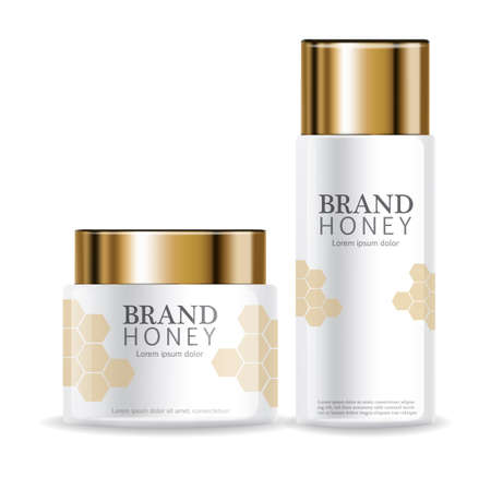 Honey infused cream Vector realistic mock up. White bottles cosmetics. Product placement label design. Detailed 3d illustrationsのイラスト素材