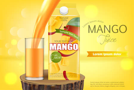 Mango juice realistic. Product placement mock up. Pouring drink in a glass.のイラスト素材