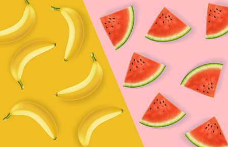 Banana and watermelon abstract pattern Vector realistic. Colorful poster background. 3d detailed juicy fruits slices. Summer fussion decorのイラスト素材
