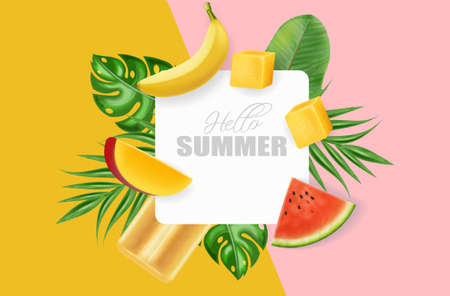 Summer abstract palm leaves banner Vector realistic.