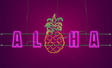 Neon text pineapple sign Vector. Aloha Summer party banner posters
