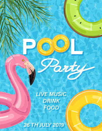 Summer pool party poster with flamingo lifering Vector. Summer banner blue water backgroundのイラスト素材