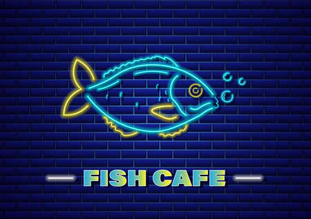 Fish neon Vector. Fresh glowing icon symbol templates. Fish market postersのイラスト素材
