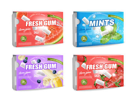 Gums Vector realistic set collection. Product placement detailed label design. Packaging advertise. Fruit and mint flavor. 3d illustrationsのイラスト素材