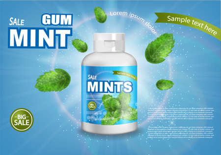 Mint chewing gum Vector realistic. Fresh flavor mock up. Product placement detailed label design. 3d illustrationsのイラスト素材