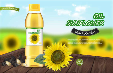 Sunflower oil Vector realistic mock up. Product placement label design. 3d illustrationsのイラスト素材