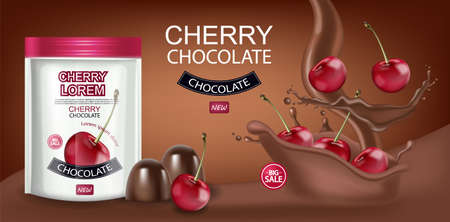 Cherry chocolate Vector realistic mock up. Chocolate splash background. Product placement label design. 3d illustrationsのイラスト素材