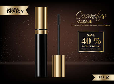 Mascara Vector realistic mock up. Product placement design. Advertise banner sale template. Golden tube. 3d illustrationsのイラスト素材