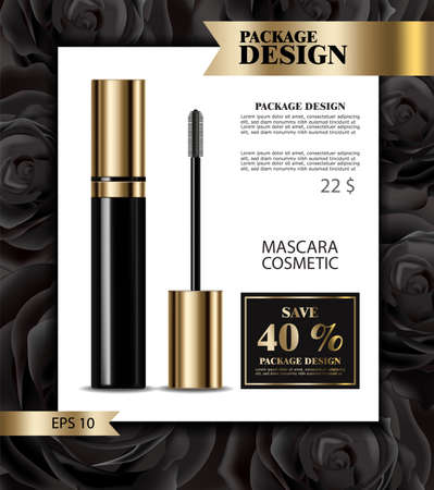 Mascara Vector realistic mock up. Product placement design. Advertise banner sale template. Golden tube. 3d illustrationsのイラスト素材
