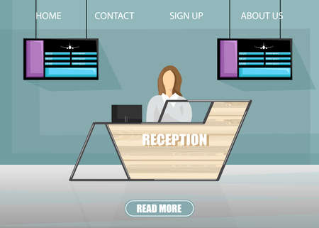 Air company travel page Vector template flat style. Home page with receptionist layouts. Booking flights and more informationsのイラスト素材